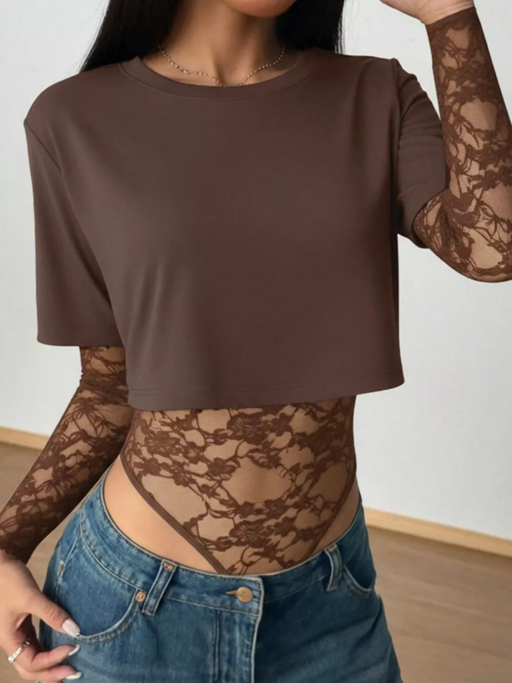 Lace Patchwork Round Neck Bodysuit, image 20