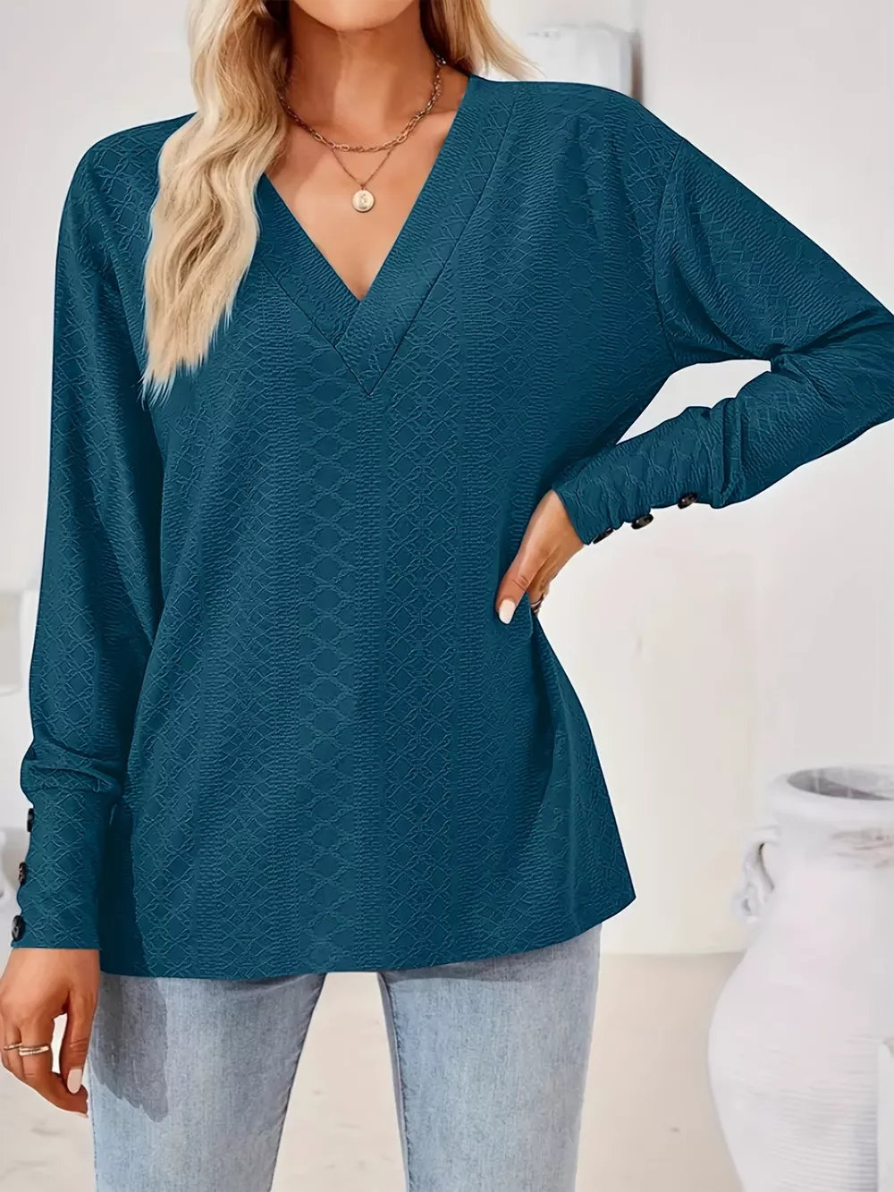 Plus Size V-Neck Textured Long Sleeve T-Shirt, image 11