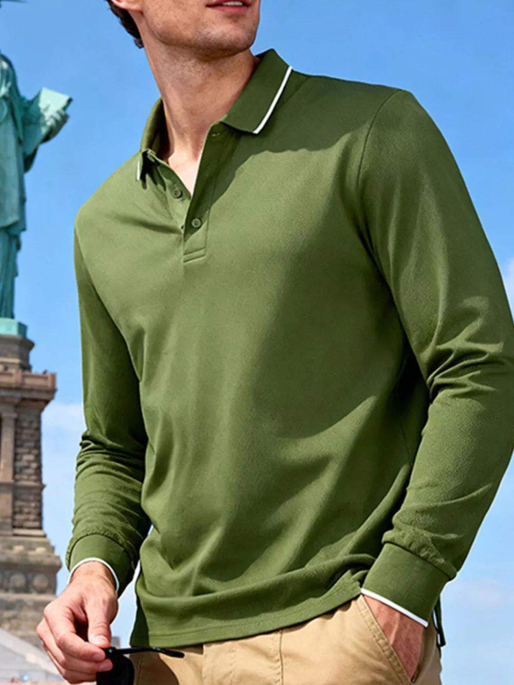 Men's Full Size Classic Long-Sleeve Polo Shirt with Contrast Trim Plus Size, image 9
