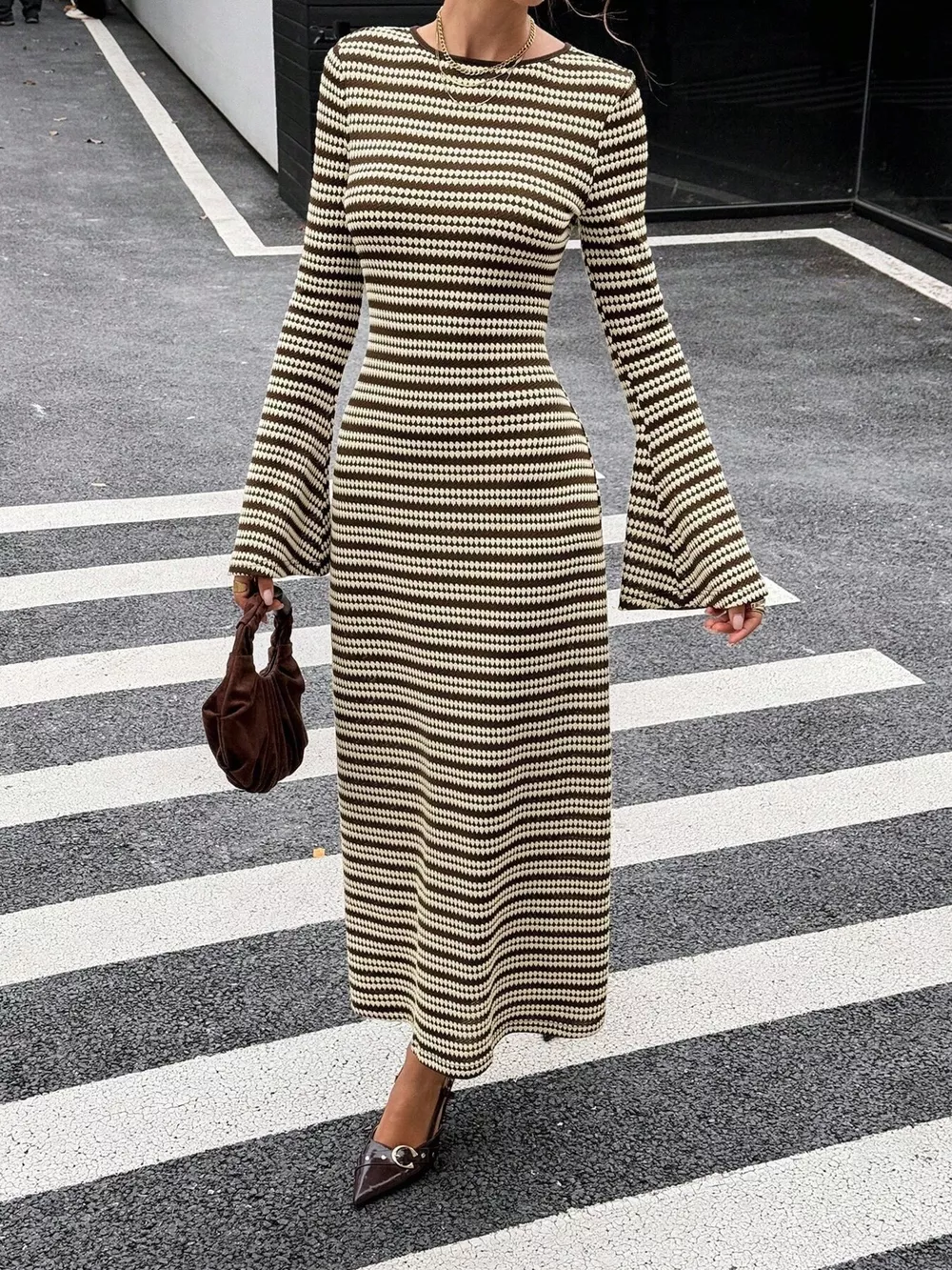 Backless Striped Ribbed Knit Maxi Dress with Flared Sleeves, image 7