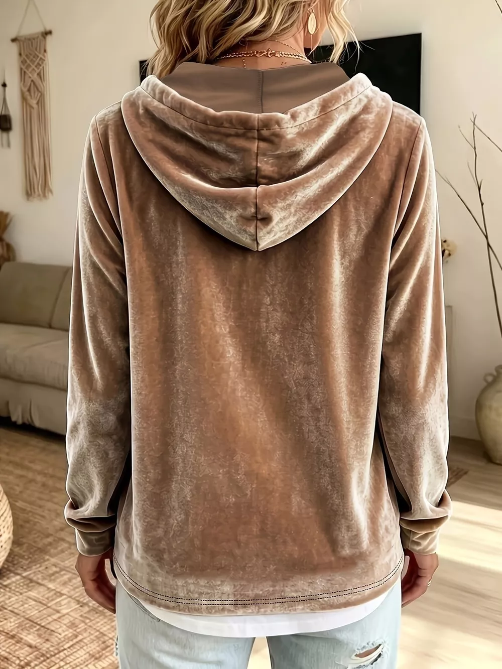 Full Size Drawstring Velvet Long Sleeve Hoodie Plus Size, image 2