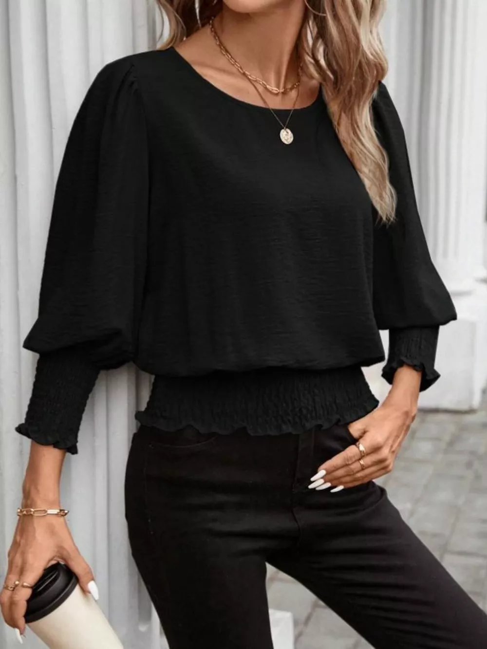 Smocked Waist Round Neck Blouse