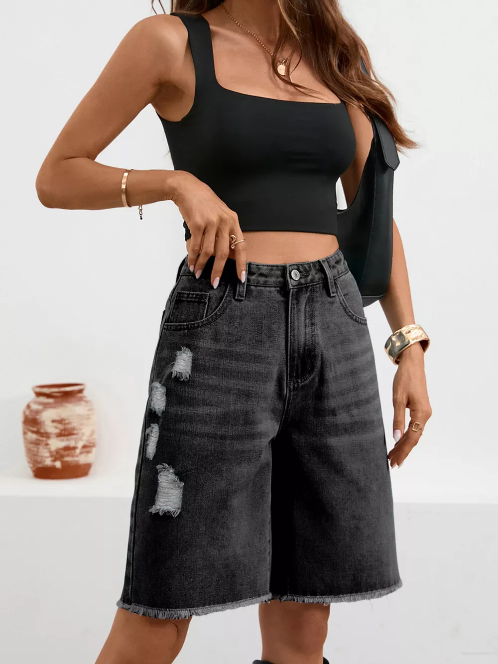 Ripped Frayed Hem Denim Shorts, image 6
