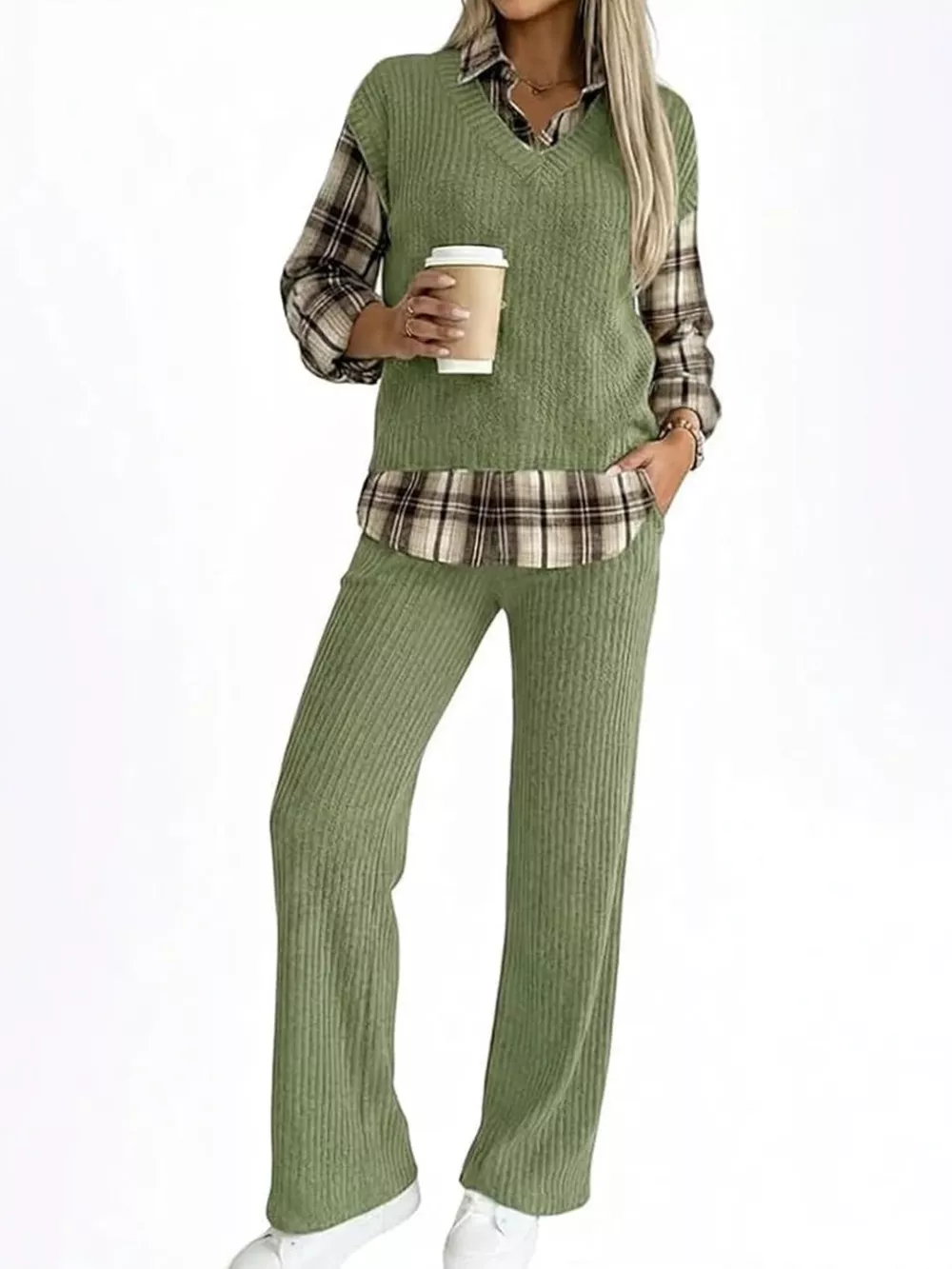 Ribbed Knit Plaid Sleeve Top & Pants Set, image 11