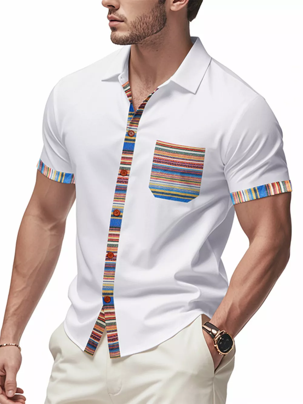 Men's Full Size Short Sleeve Shirt with Colorful Trim Plus Size, image 2