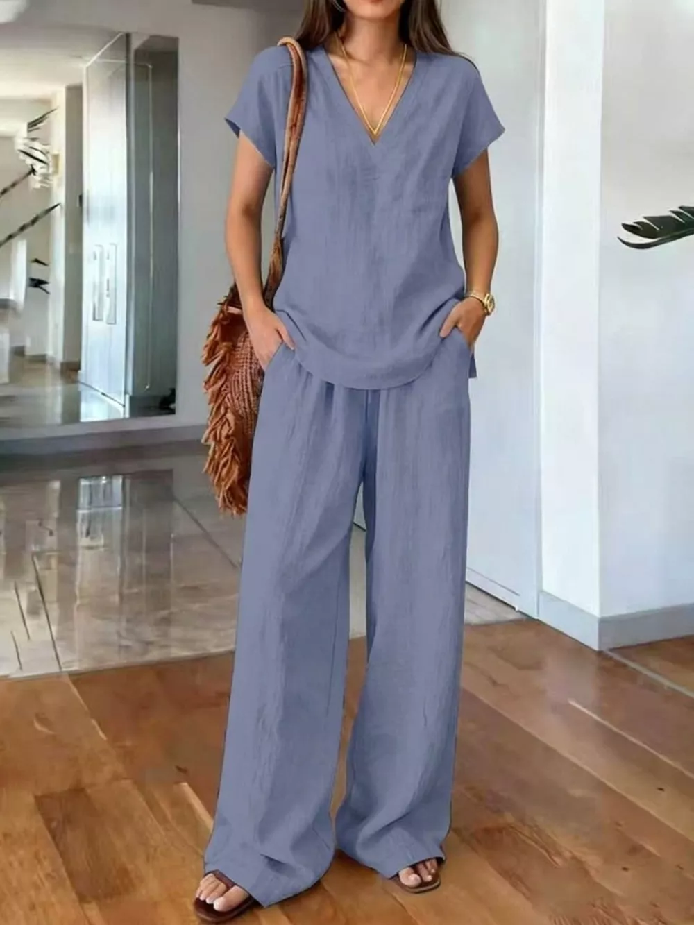 Full Size V-Neck Short Sleeve Top and Pants Set Plus Size, image 13