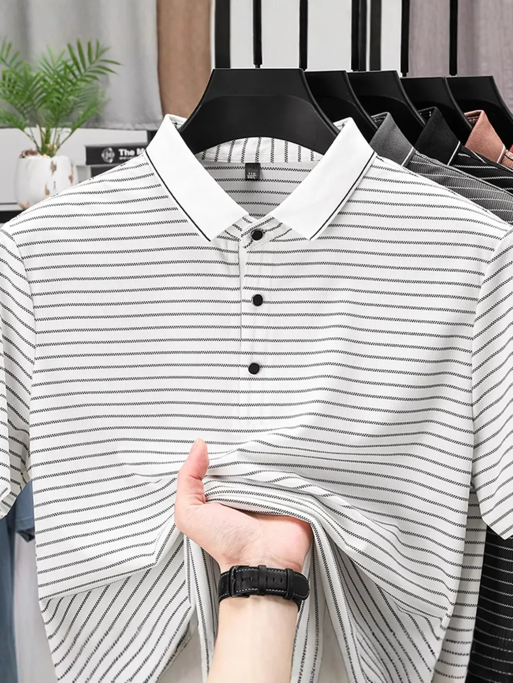 Men's Full Size Striped Button Detail Short Sleeve Polo Plus Size, image 9