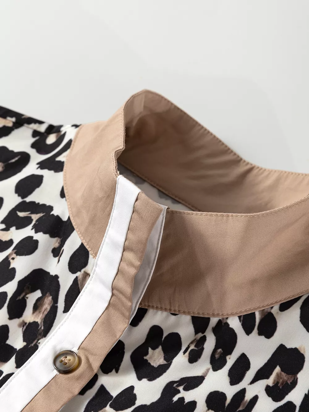 Striped Collar Leopard Print Long Sleeve Flared Dress, image 9