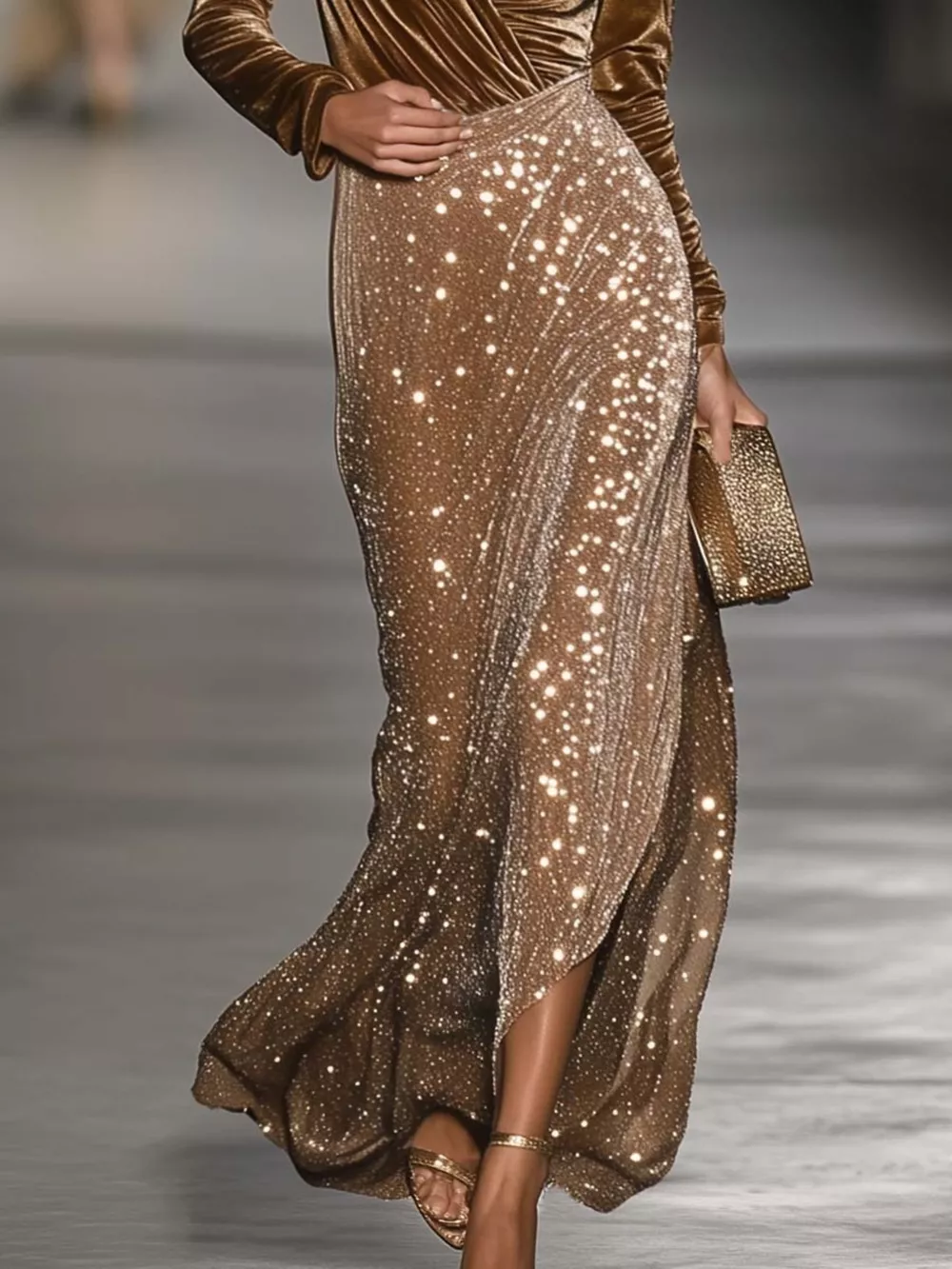 Velvet Long Sleeve Top and Sequin Skirt Set, image 3