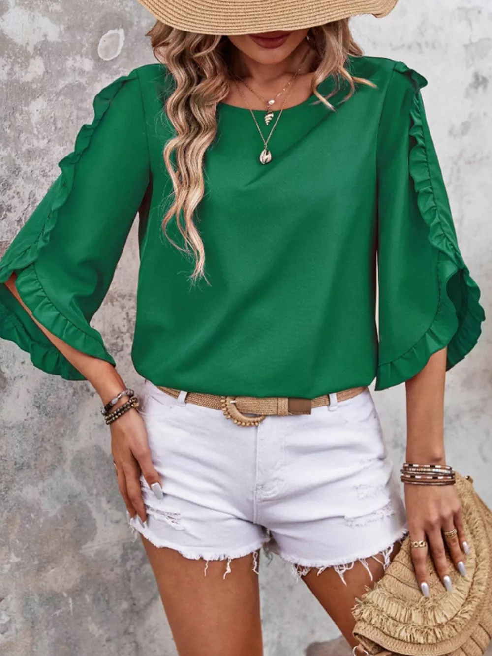 Ruffle Sleeve Solid Color Blouse, image 14