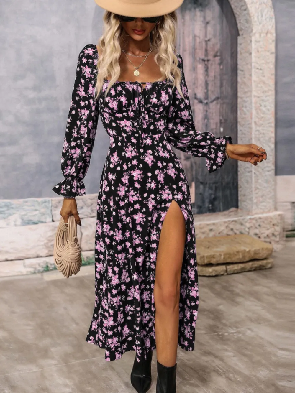 Floral Print Square Neck Flounce Sleeve Dress with Side Slit, image 4