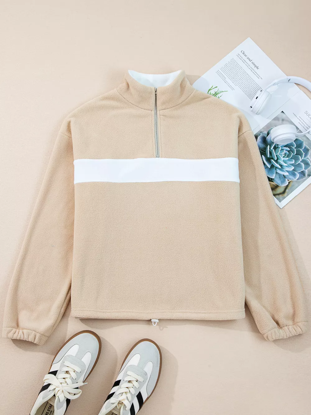 Fleece Colorblock Patchwork Zipped Neck Pullover Sweatshirt, image 6