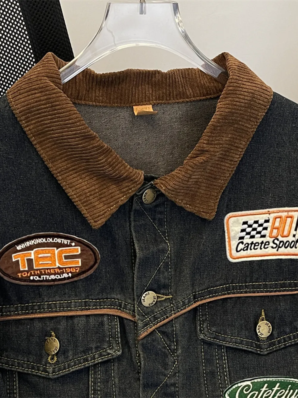 Men's Plus Size Corduroy Collar Button Up Denim Jacket, image 6