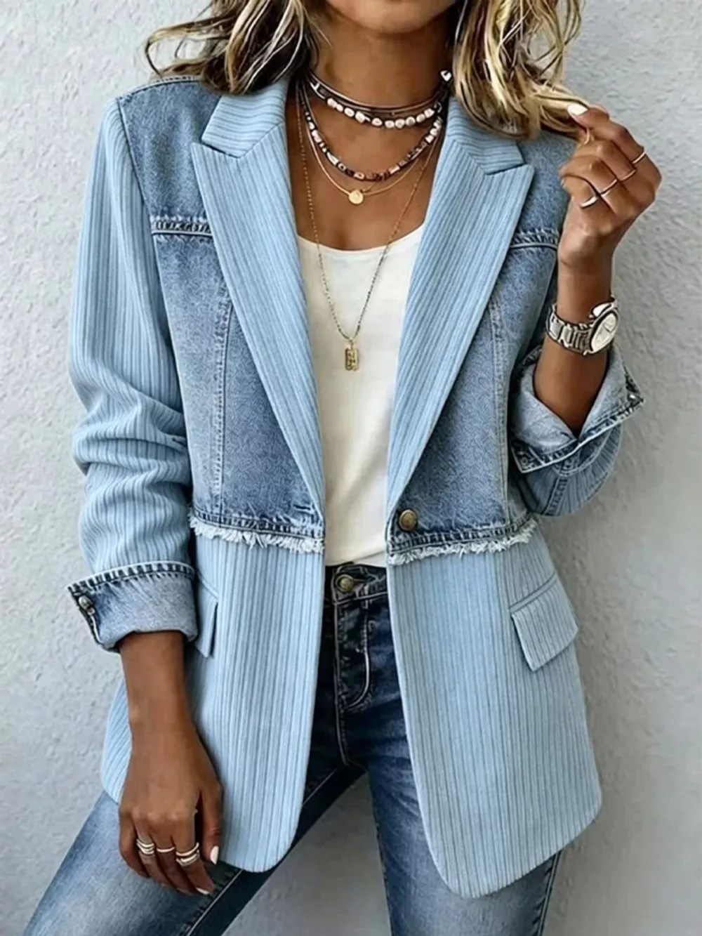 Full Size Patchwork Denim Ribbed Blazer Plus Size, image 2