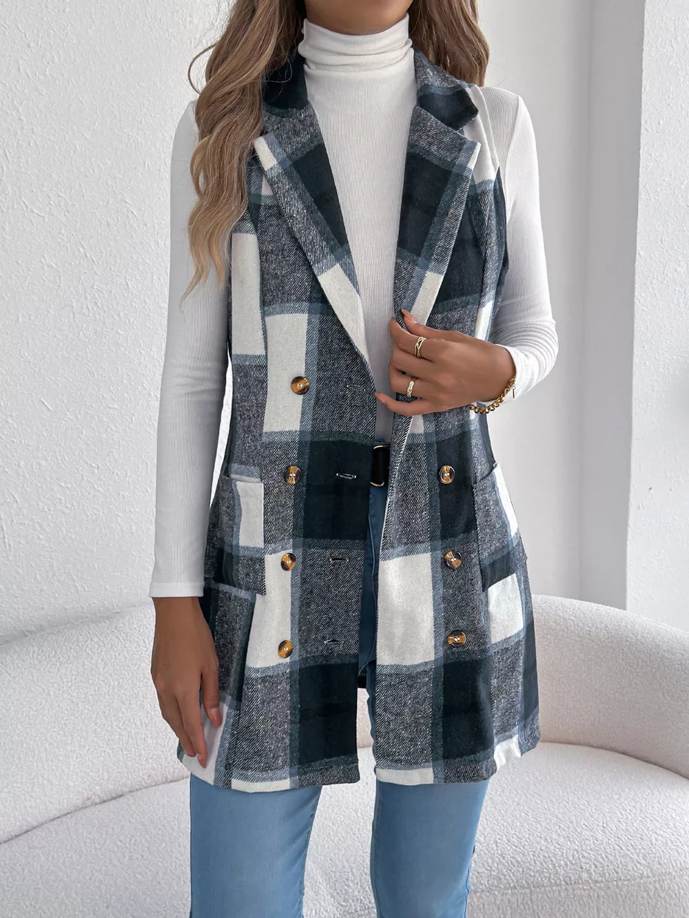 Plaid Double-Breasted Vest Coat, image 4