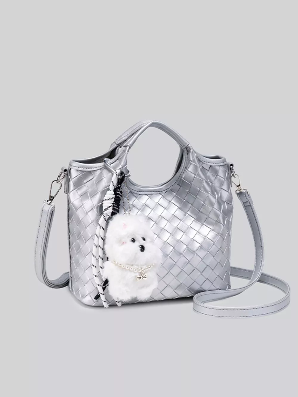 Metallic Woven Shoulder Bag with Cute Plush Bear Charm, image 6