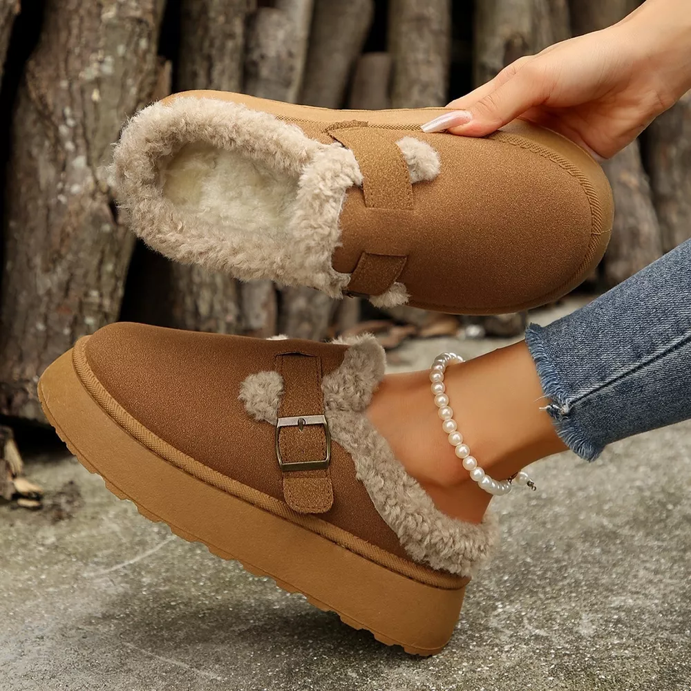 Fuzzy Trim Buckle Platform Slippers, image 5