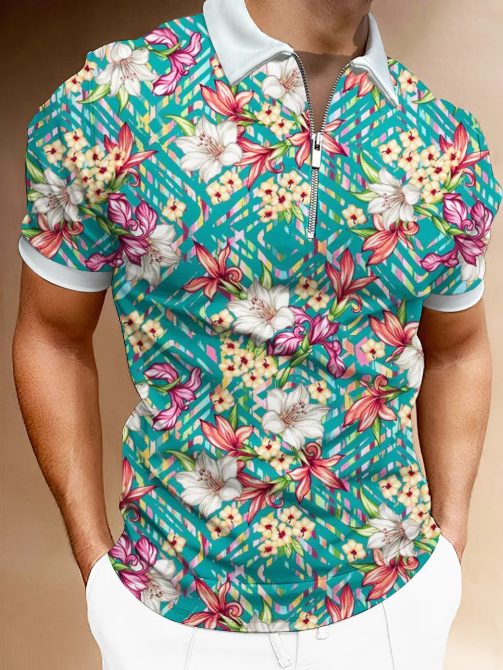 Men's Full Size Floral Print Zip-Up Polo Plus Size, image 2