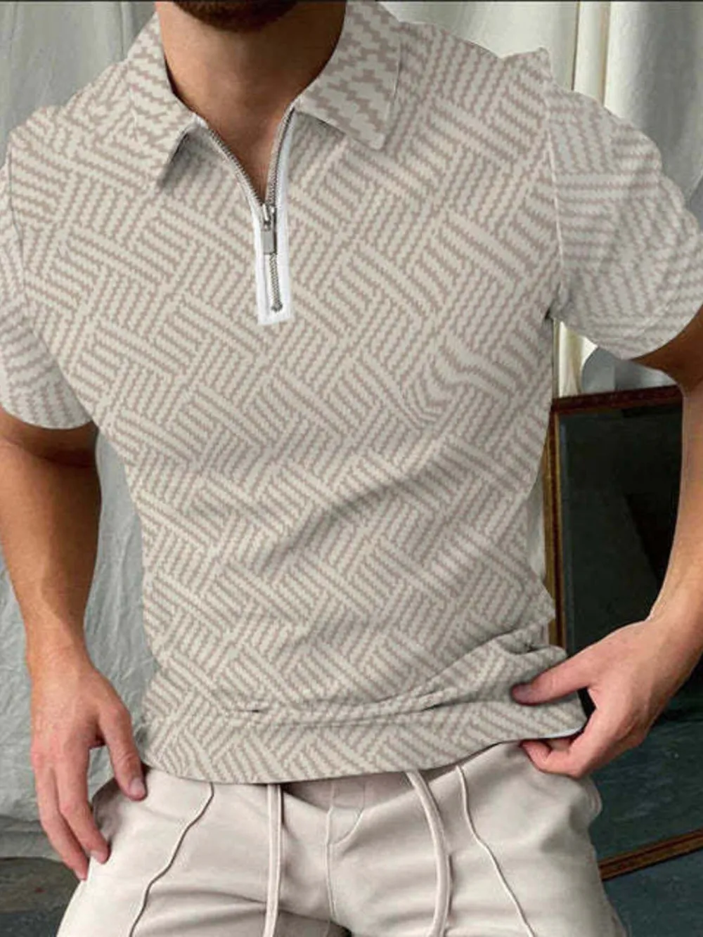 Men's Full Size Contrast Stripe Zipper Polo Plus Size, image 4