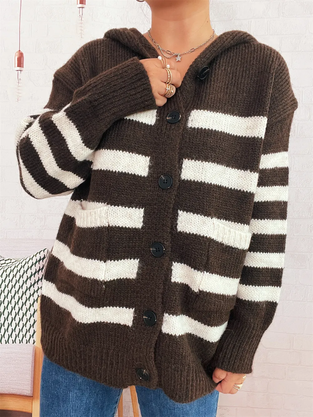 Striped Button-Up Hooded Cardigan, image 13