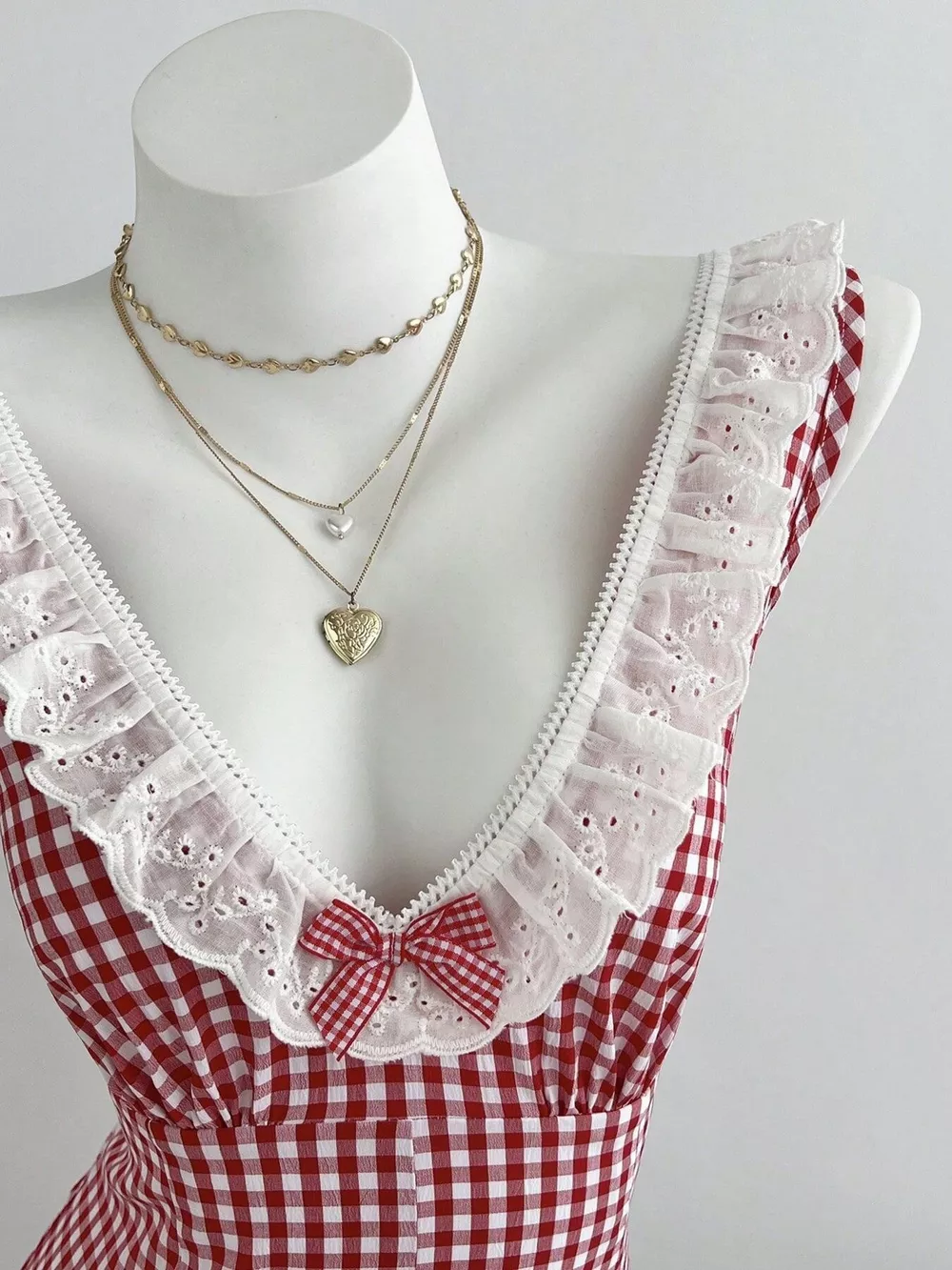 Gingham Lace-Trimmed Romper with Bow Detail, image 3
