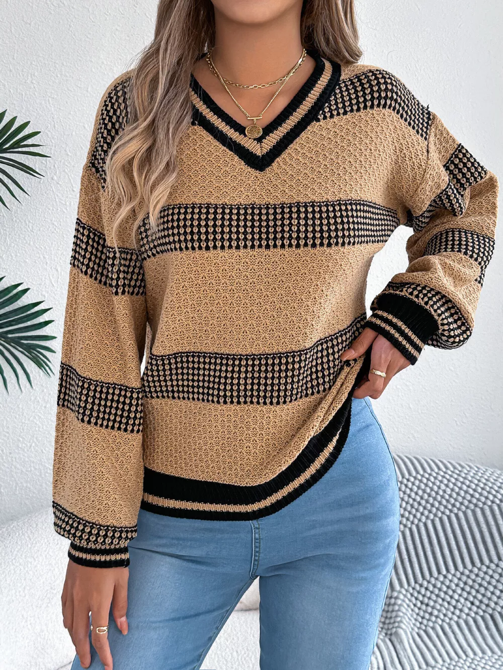 Contrast Striped V-Neck Sweater, image 9