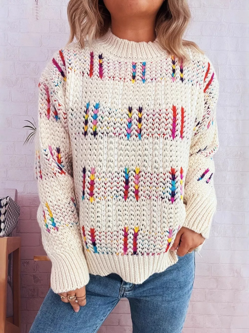 Colorful Round Neck Long Sleeve Sweater, image 4