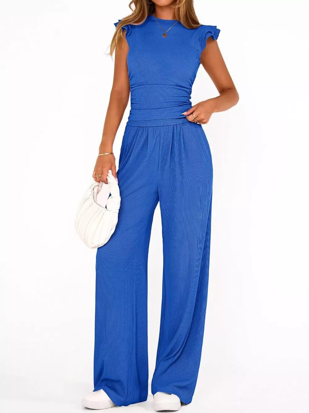Ruffled Mock Neck Top and Wide Leg Pants Set, image 14