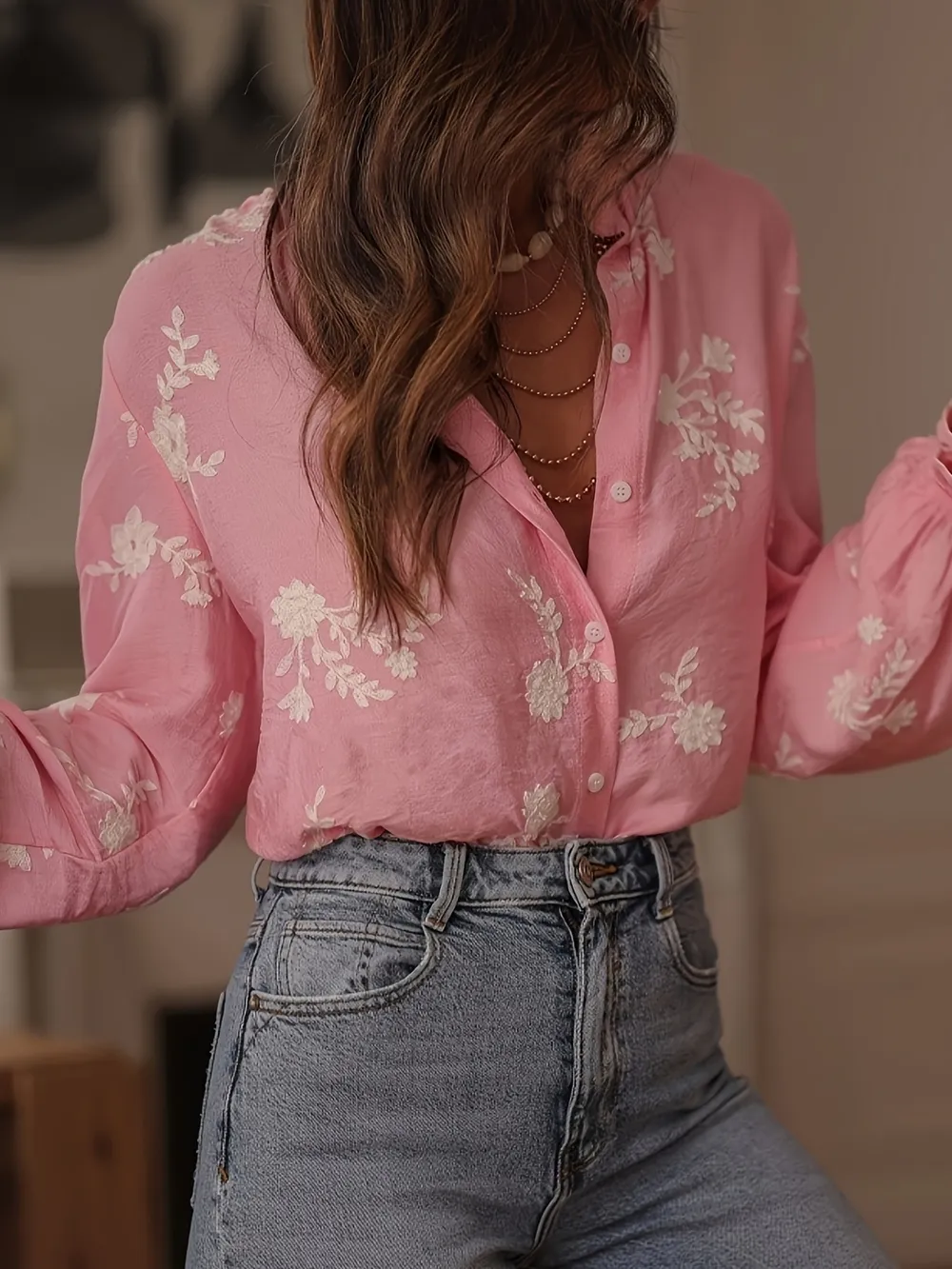 Flower Button Up Long Sleeve Shirt, image 3
