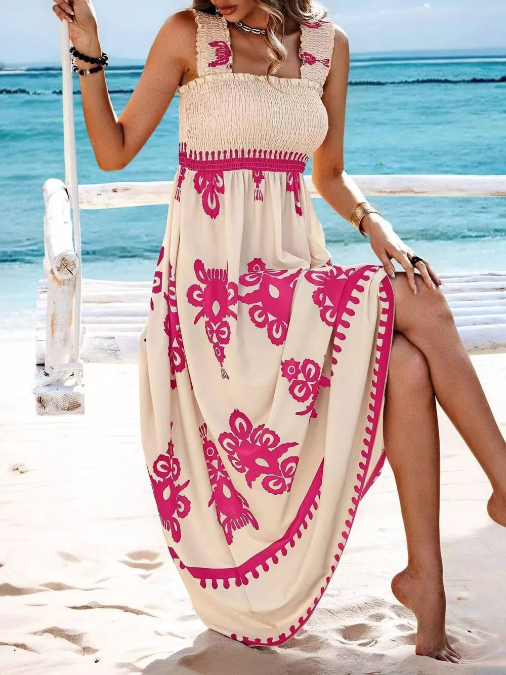 Smocked Printed Square Neck Maxi Dress, image 8