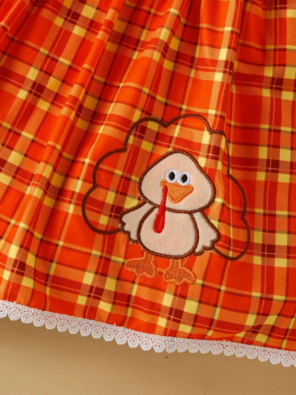 Children's Plaid Turkey Embroidered Bowknot Dress 3 Piece Set, image 8