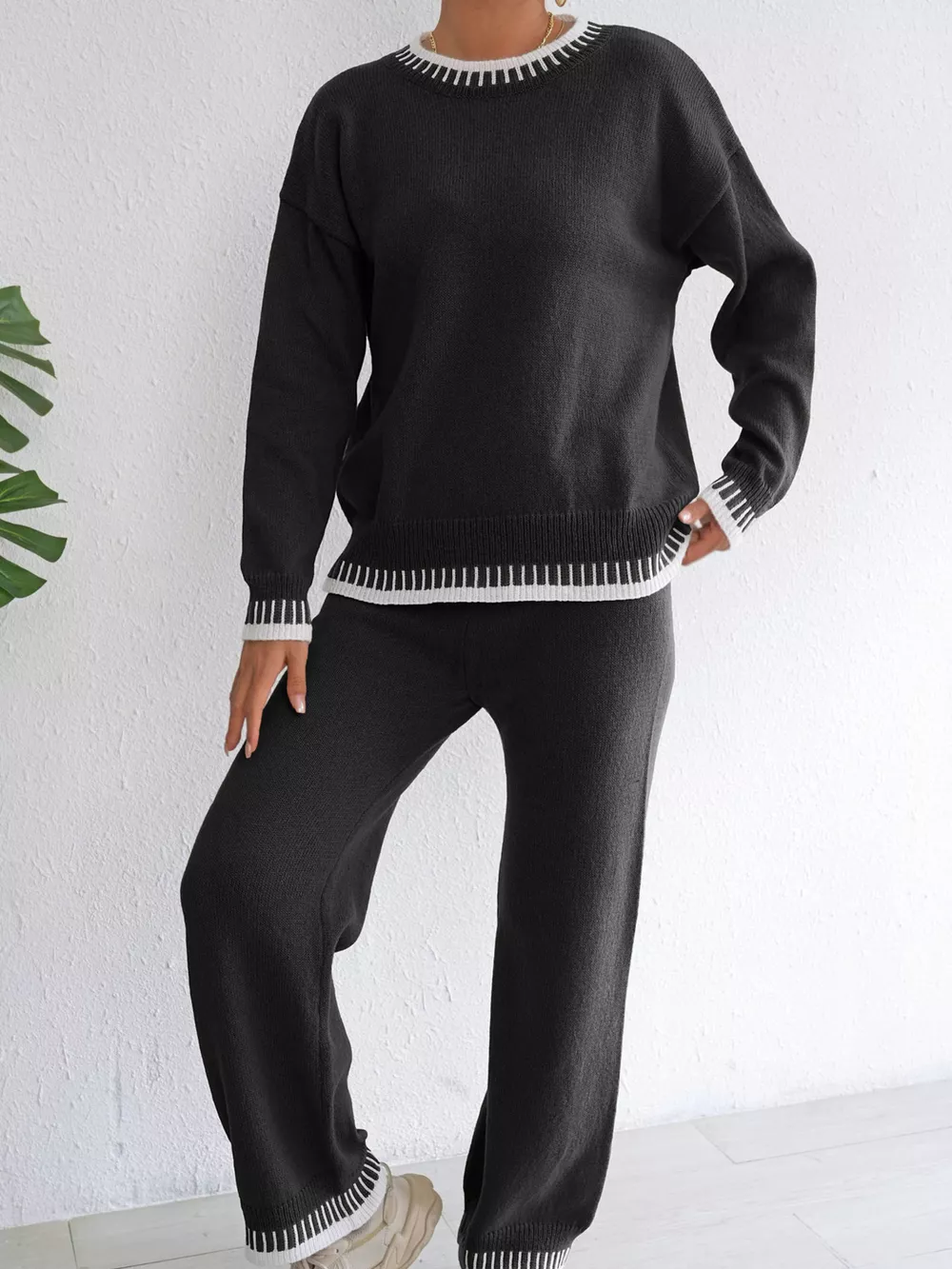 Contrast Trim Crew Neck Sweater and Pants Set, image 9