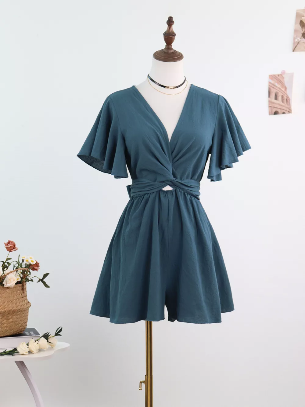 Tie Waist Flutter Sleeve Romper, image 10