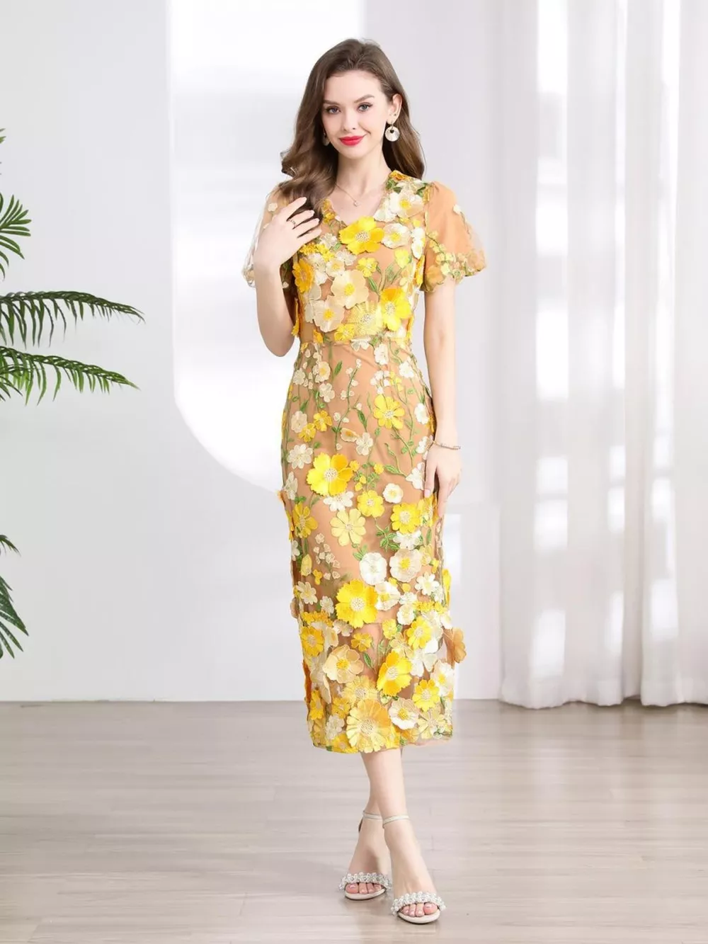 Floral Embroidered Puff Sleeve Midi Dress, image 9