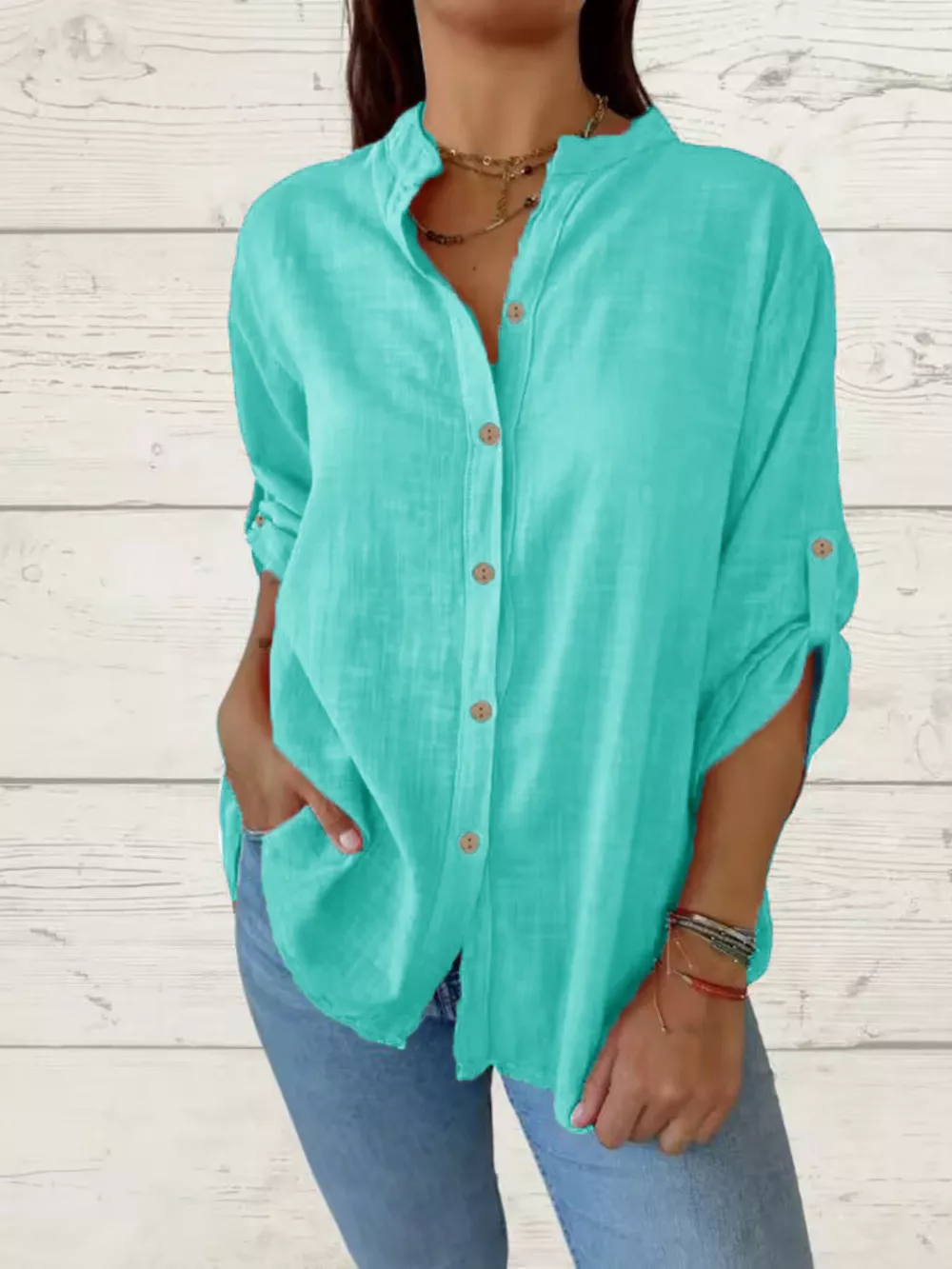 Full Size Casual Button-Down Roll-Up Sleeve Shirt Plus Size, image 5