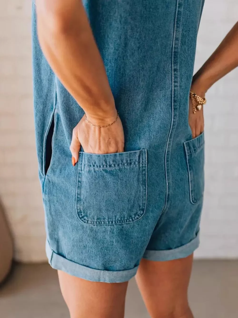 Sleeveless Zip-Up Denim Romper, image 6