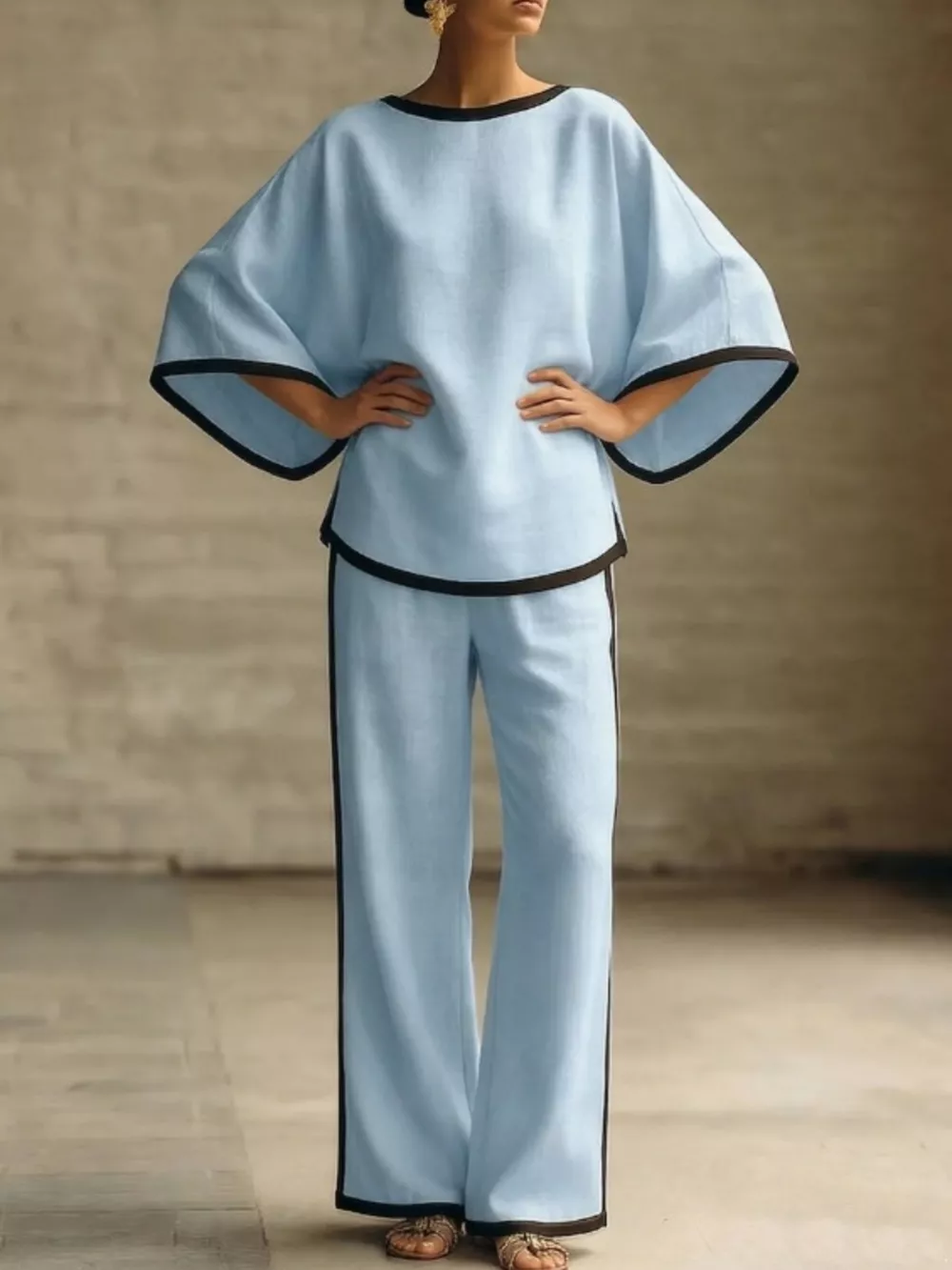 Full Size Contrast Trim Top and Wide-Leg Pants Set Plus Size, image 5