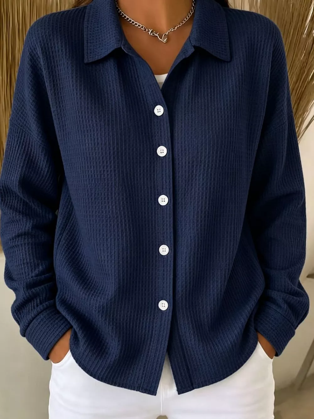 Waffle Knit Button-Down Shirt, image 8