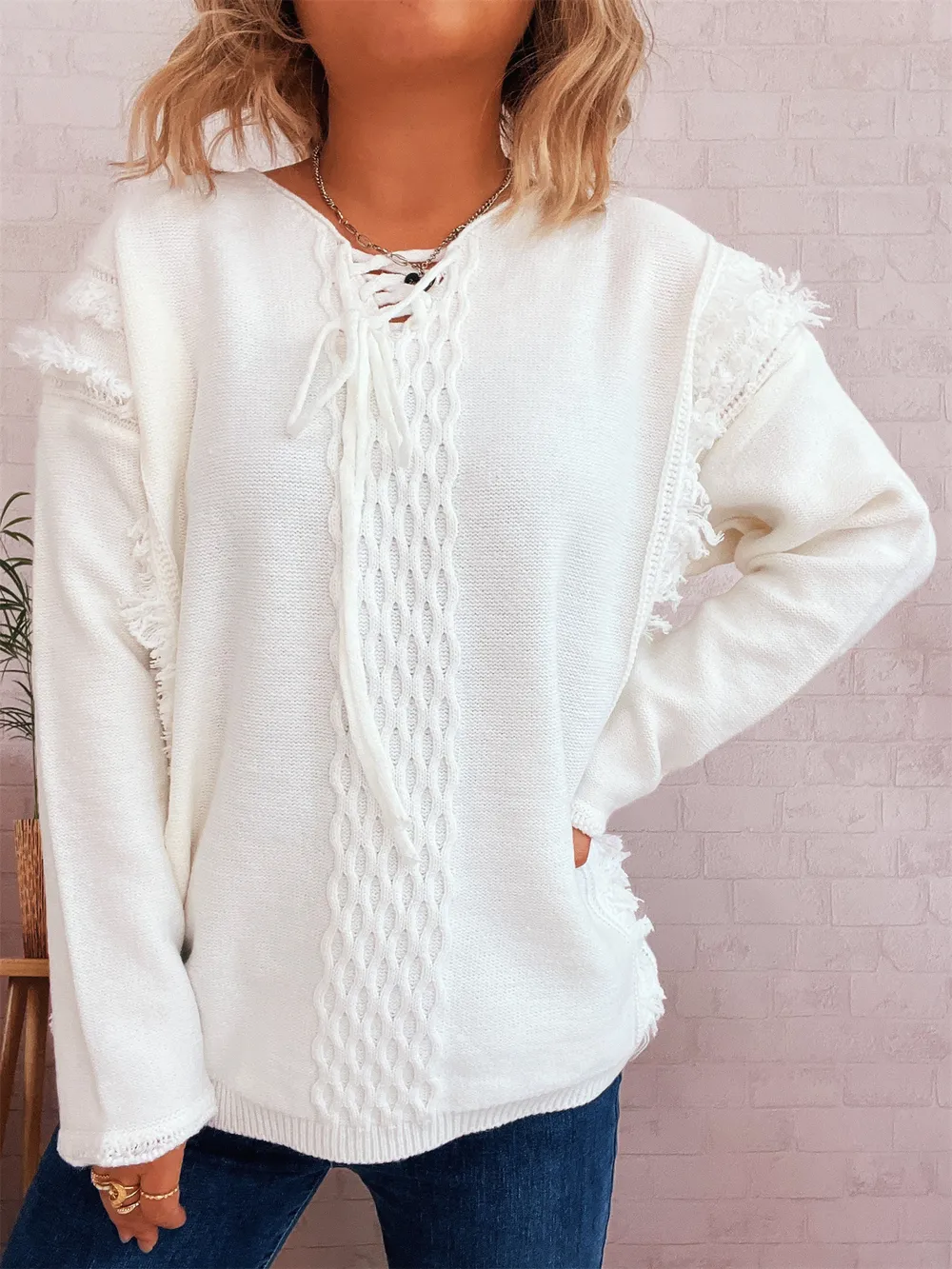 Raw Hem Lace Up Front Sweater, image 3