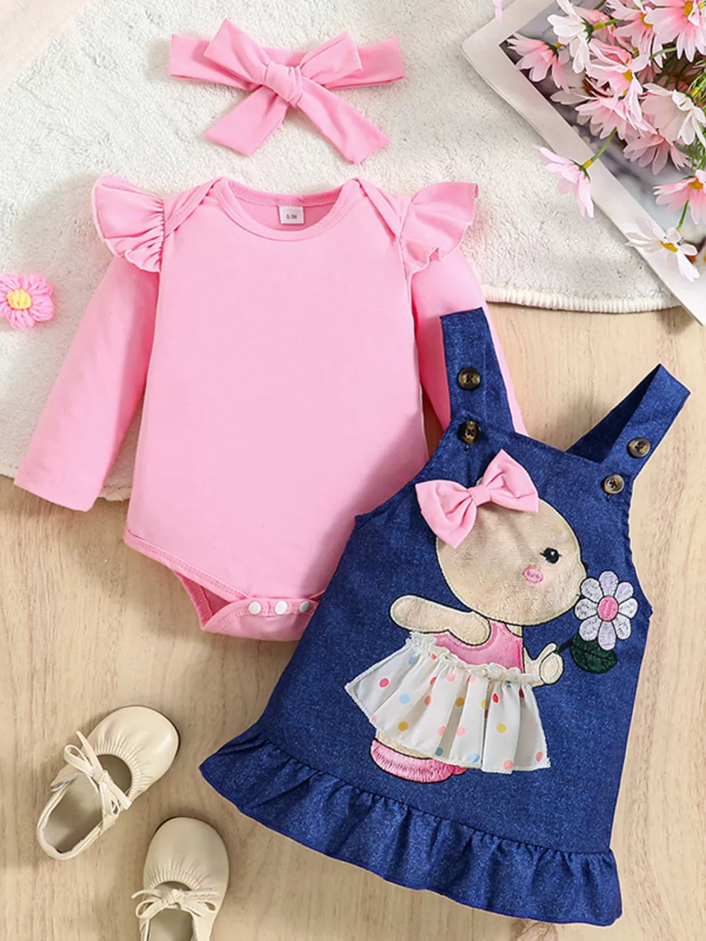 Children's Ruffled Bodysuit and Overall Dress Set with Headband, image 5