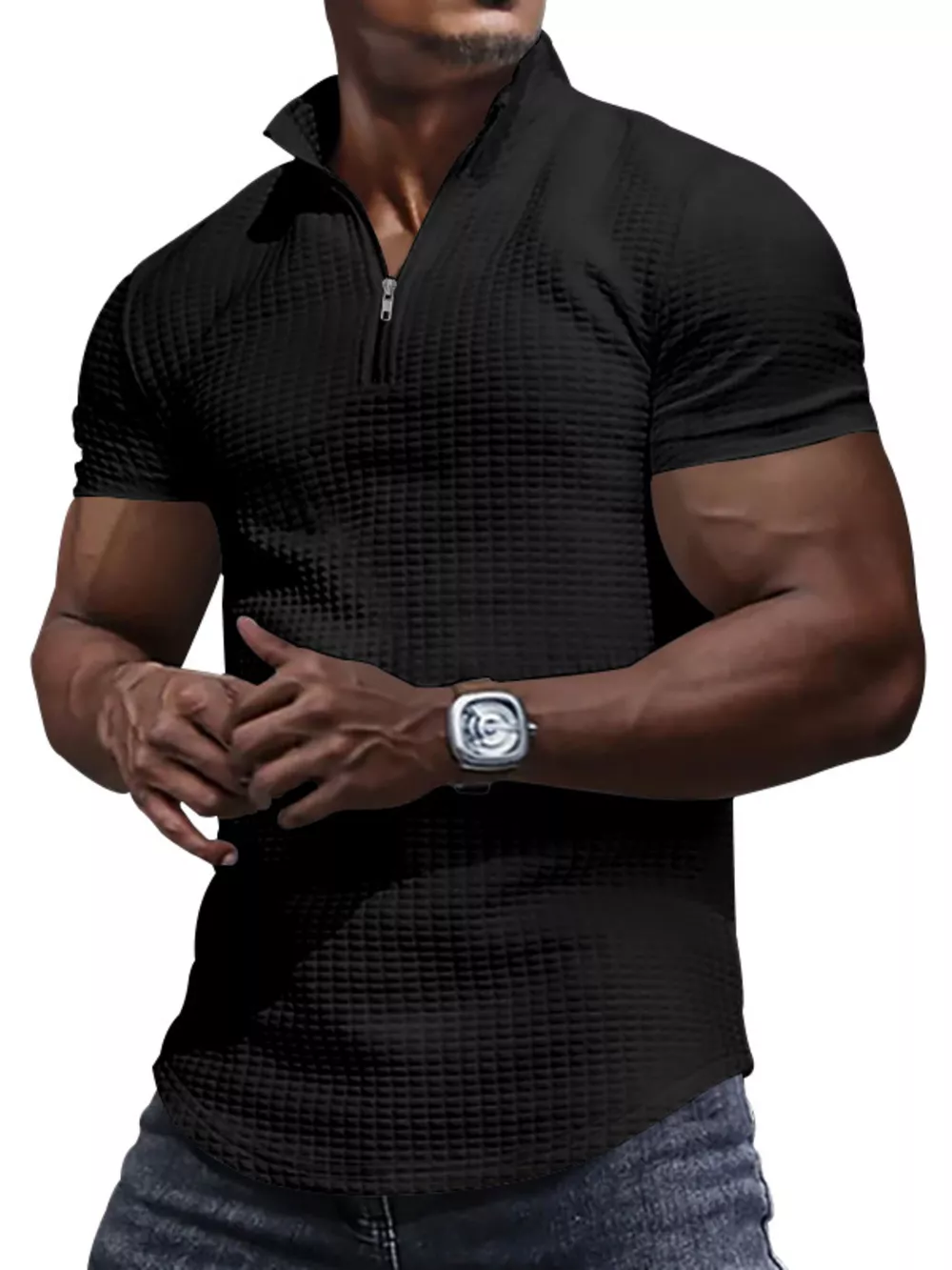 Men's Full Size Textured Short Sleeve Zipper Polo Plus Size, image 5