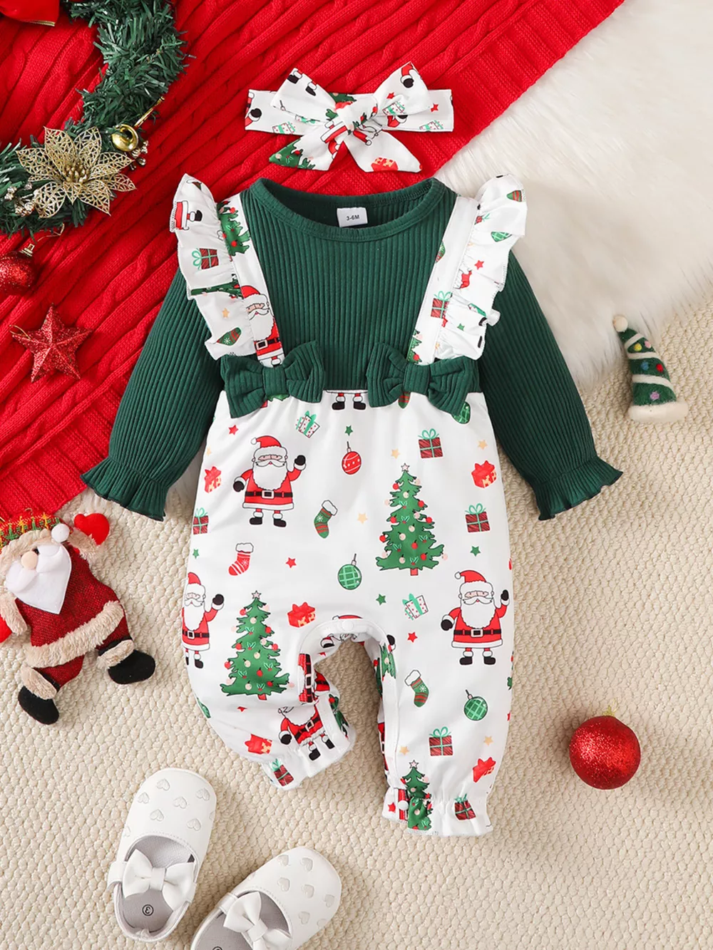 Children's Christmas Santa Print Ruffle Trim Jumpsuit Set with Headband, image 6