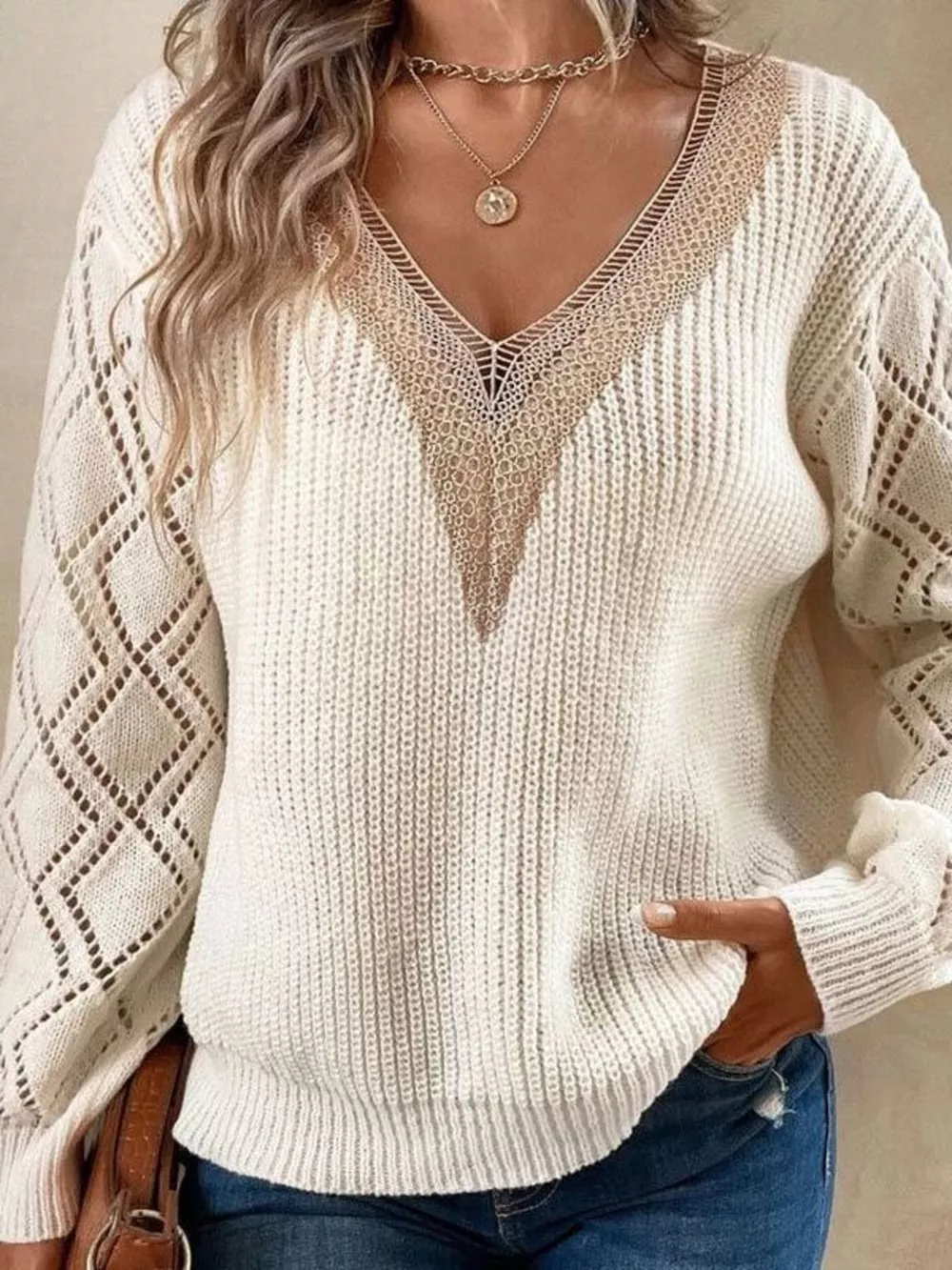 Openwork V-Neck Sweater, image 3