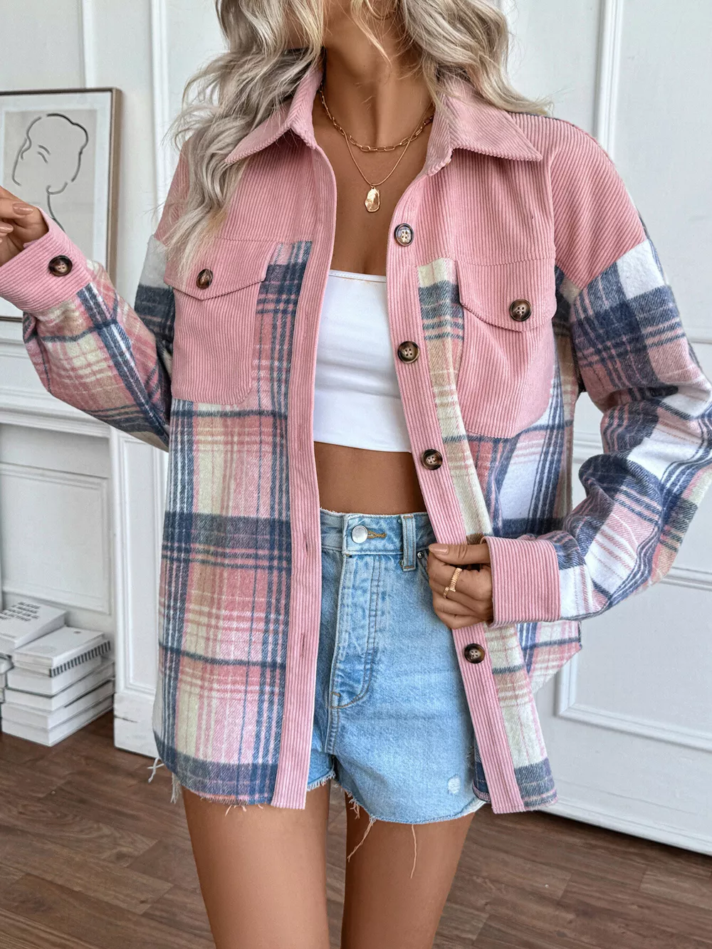 Plaid Button-Up Shacket with Chest Pockets, image 4