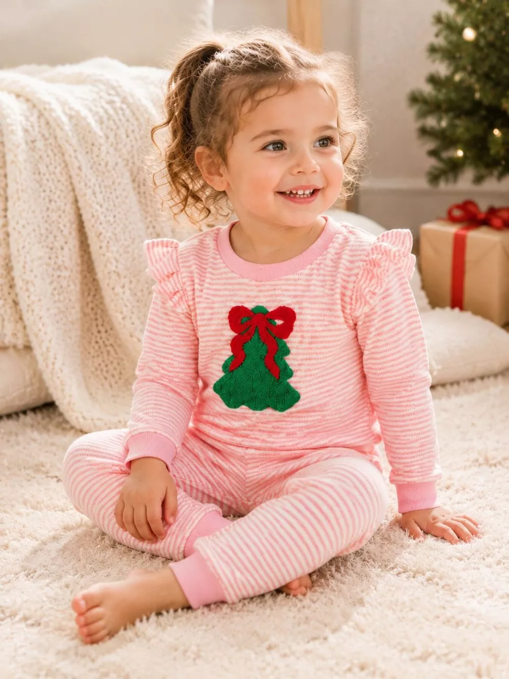 Children's Striped Christmas Tree Ruffle Pajama Set, image 2