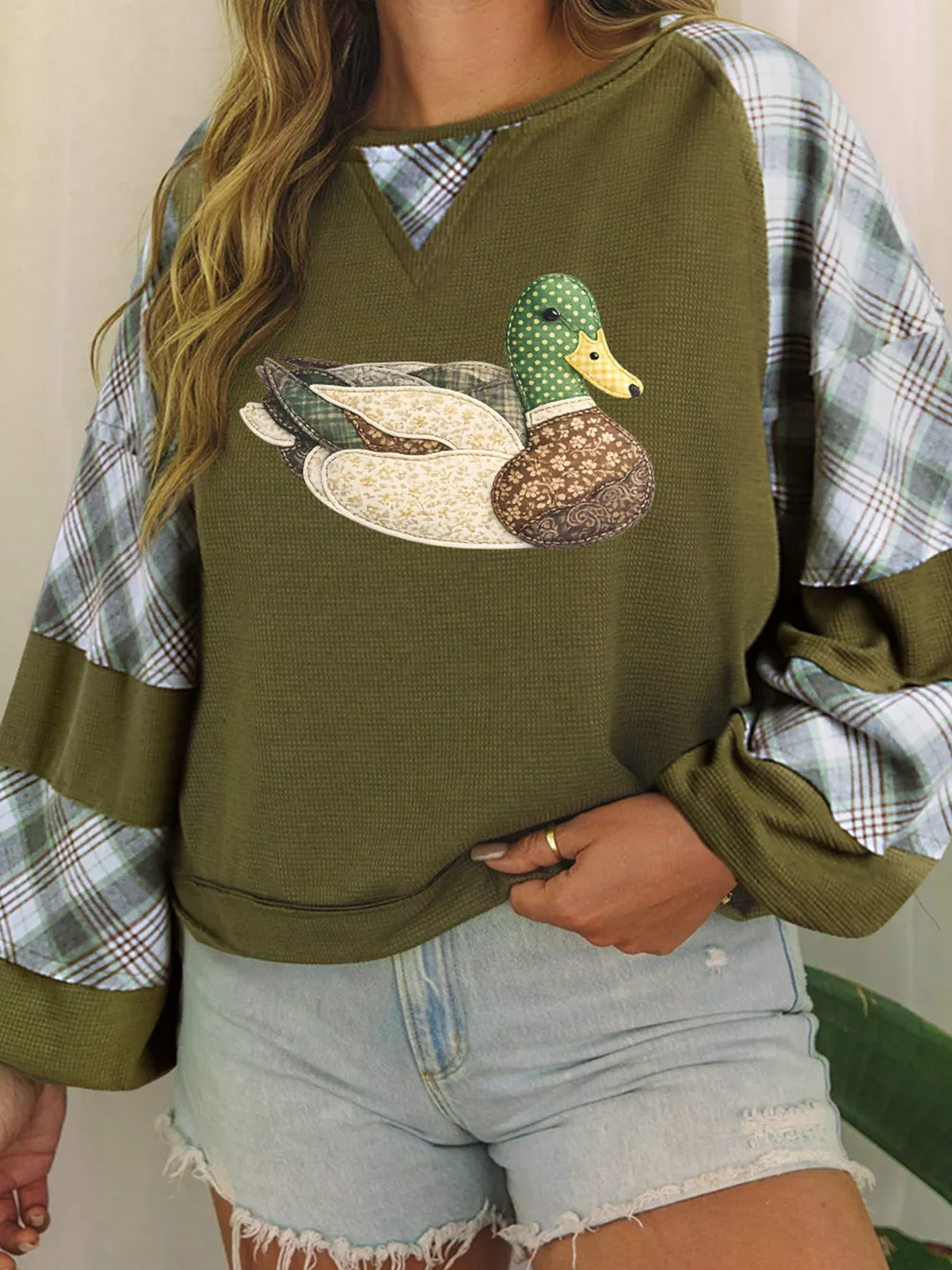 Vintage Duck Applique Plaid Patchwork Waffle Knit T-Shirt, image 2
