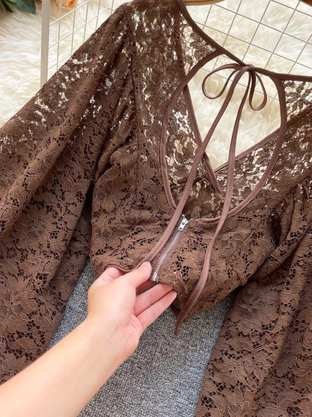 Lace Tie Back Long Sleeve Top, image 8