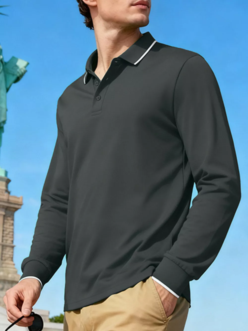 Men's Full Size Classic Long-Sleeve Polo Shirt with Contrast Trim Plus Size, image 17