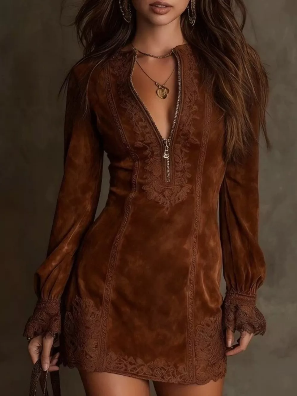 Full Size Zip-Front Long Sleeve Mini Dress Plus Size