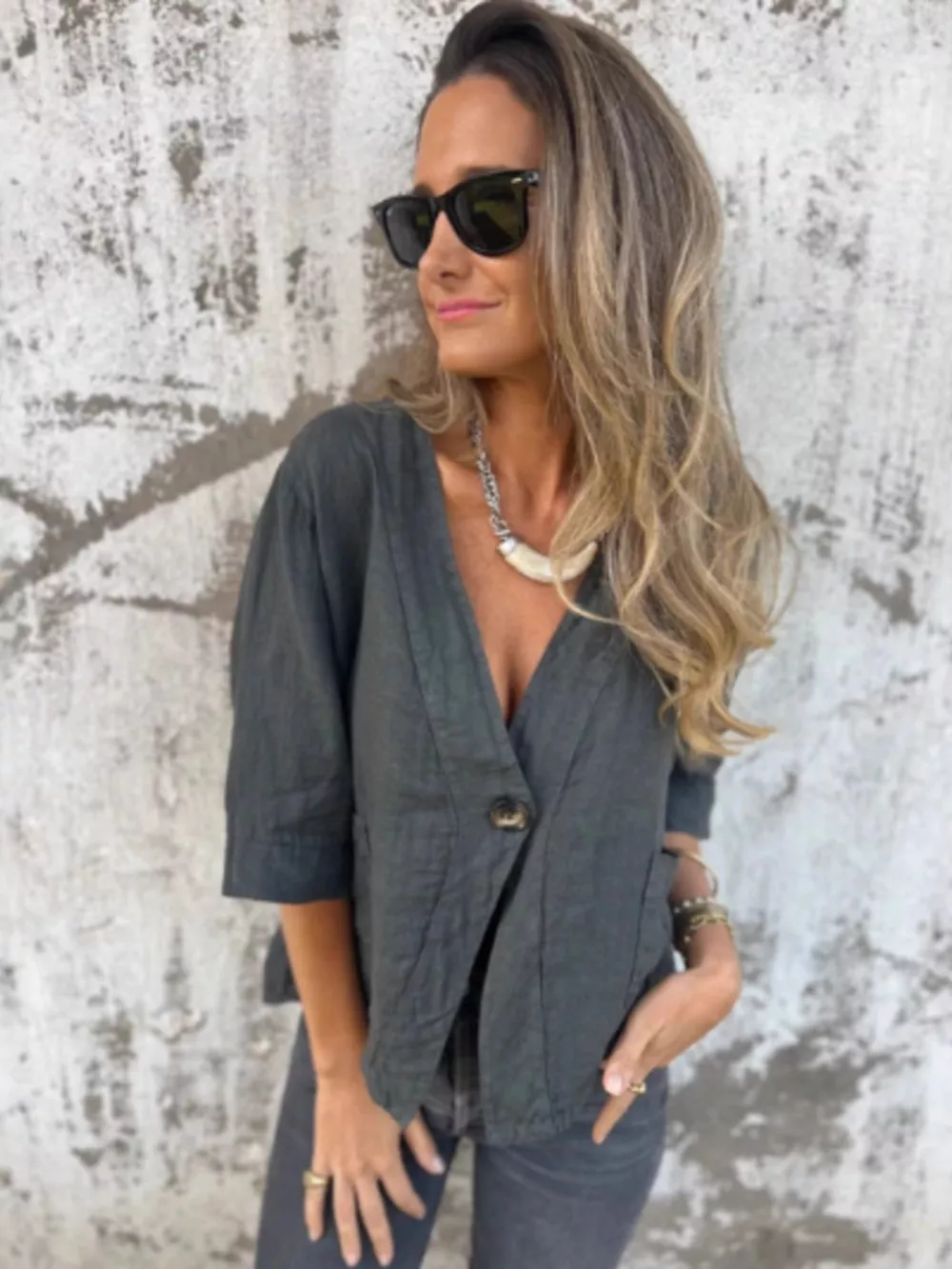 Full Size One Button V-Neck Shirt Plus Size, image 10